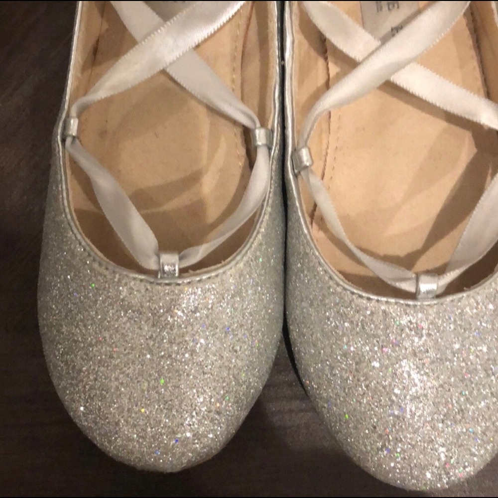Girls silver glitter lace up ballerina flats